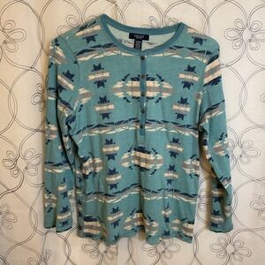 Women's Chaps Quarter Button Flannel Blue Thermal Shirt Tribal Size 1X